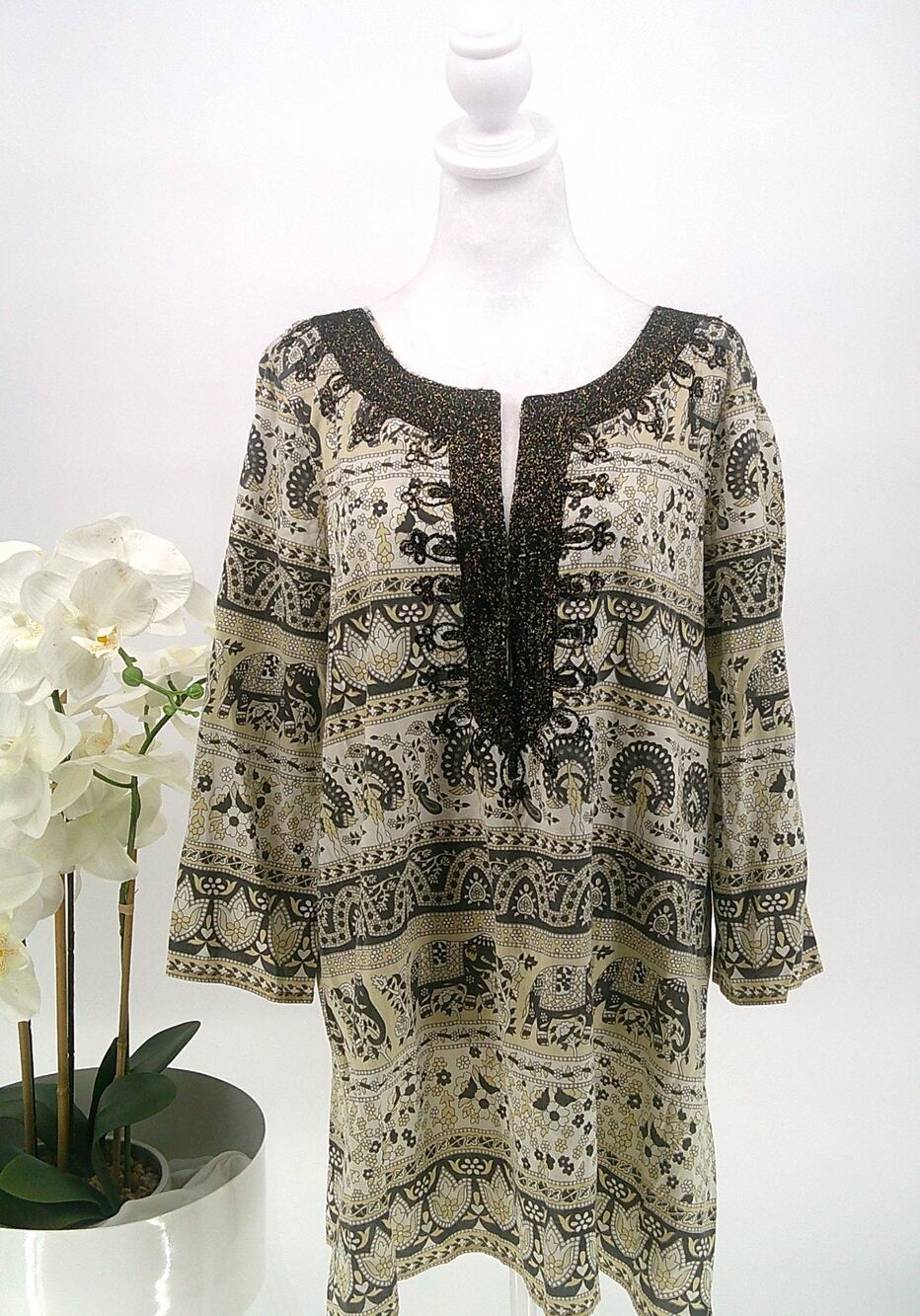 Vintage Calypso Boho Beaded Long Sleeve Ethnic Print Festival Tunic Top Large